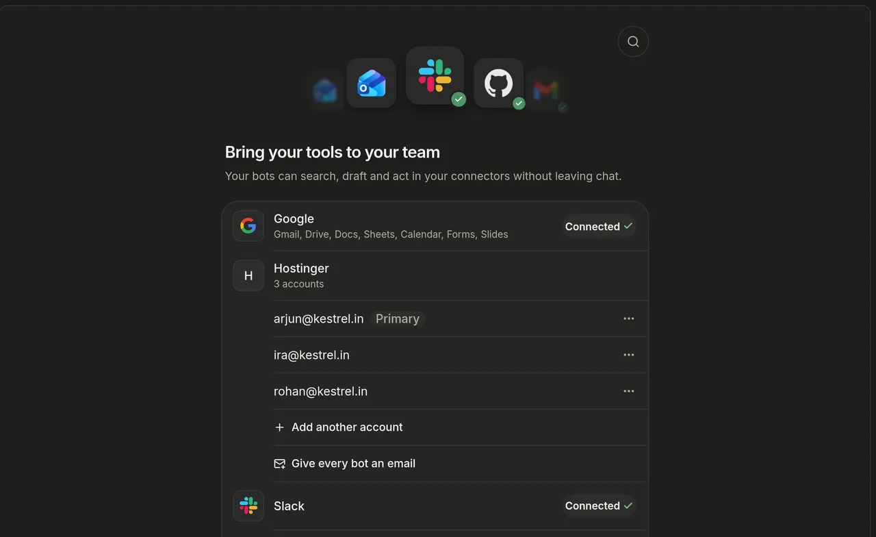 The Apps page: Google, Microsoft, social and work apps to connect.