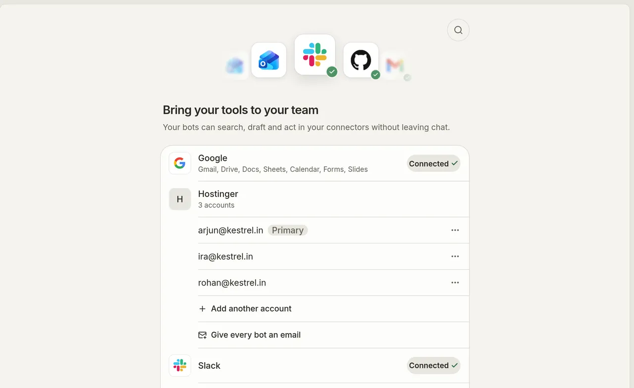 The Apps page: Google, Microsoft, social and work apps to connect.