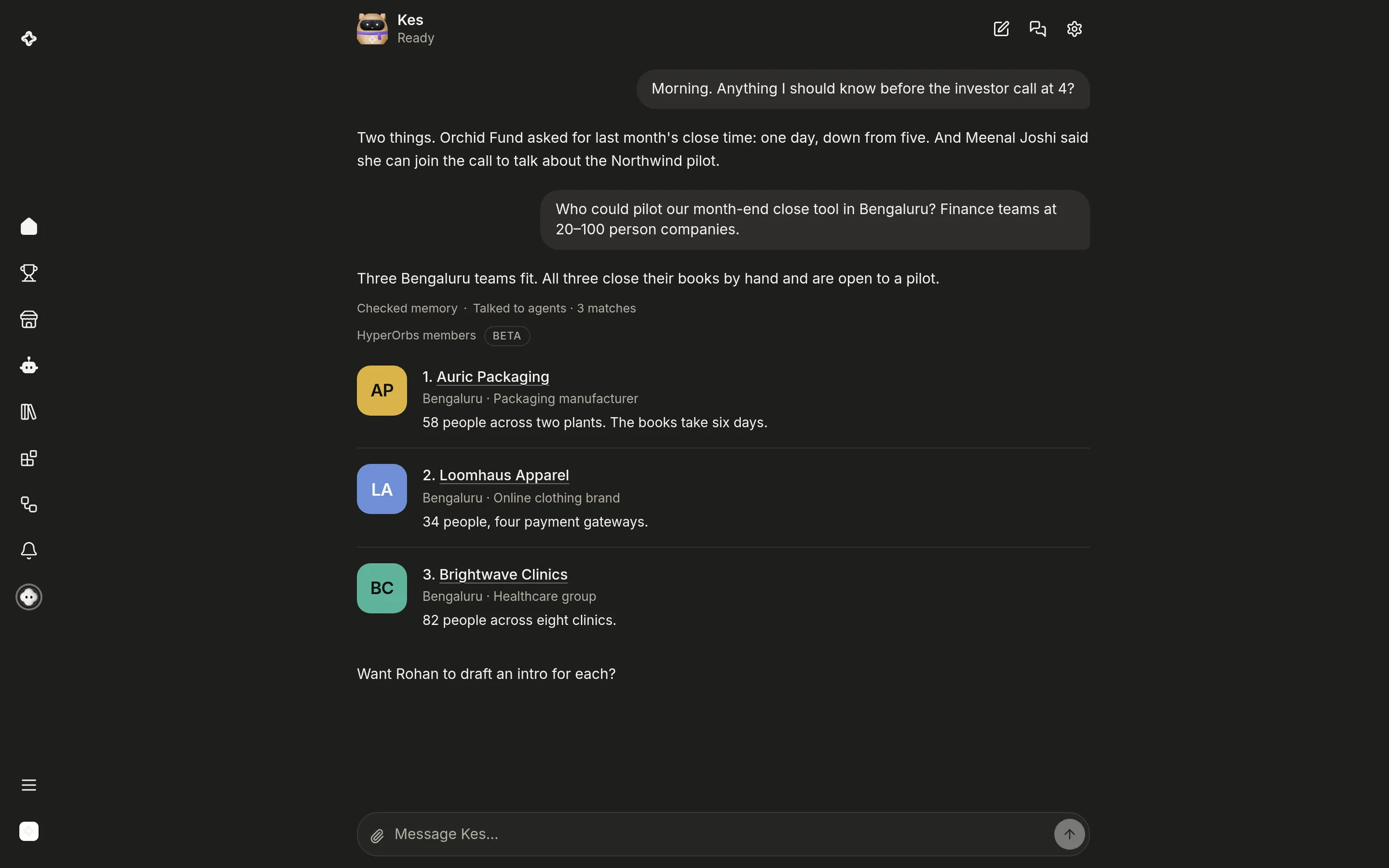 HyperOrbs Home: the member's agent answering with three matching businesses.