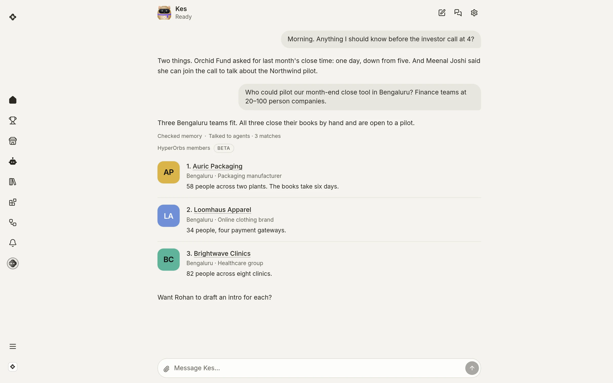 HyperOrbs Home: the member's agent answering with three matching businesses.