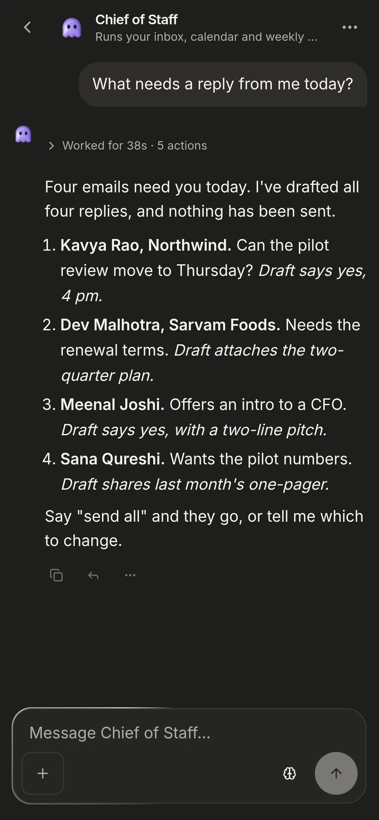 Chief of Staff's conversation in ScaleBot, on a phone.