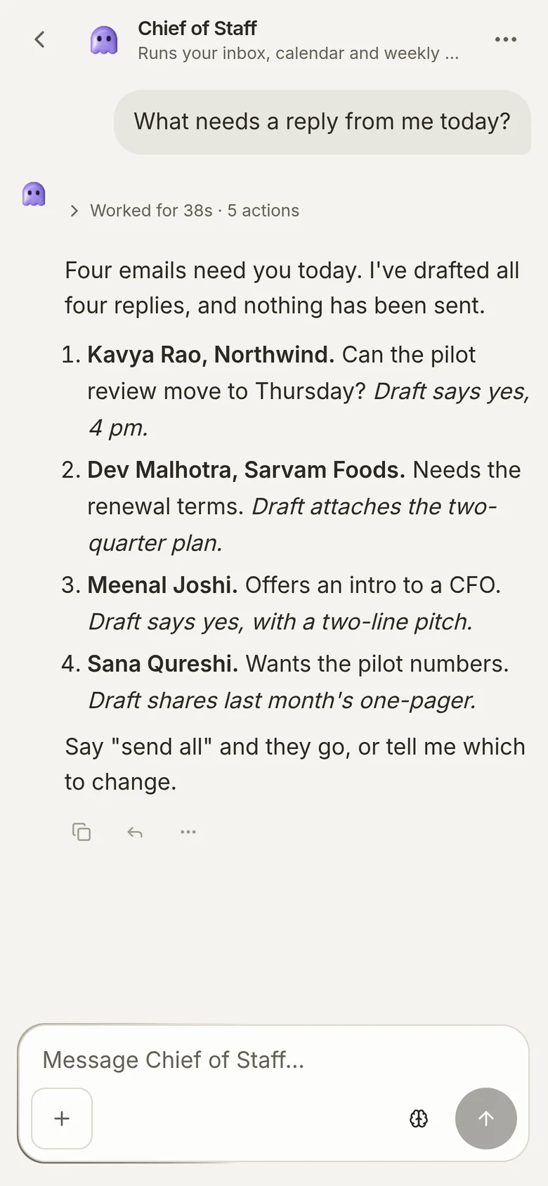 Chief of Staff's conversation in ScaleBot, on a phone.