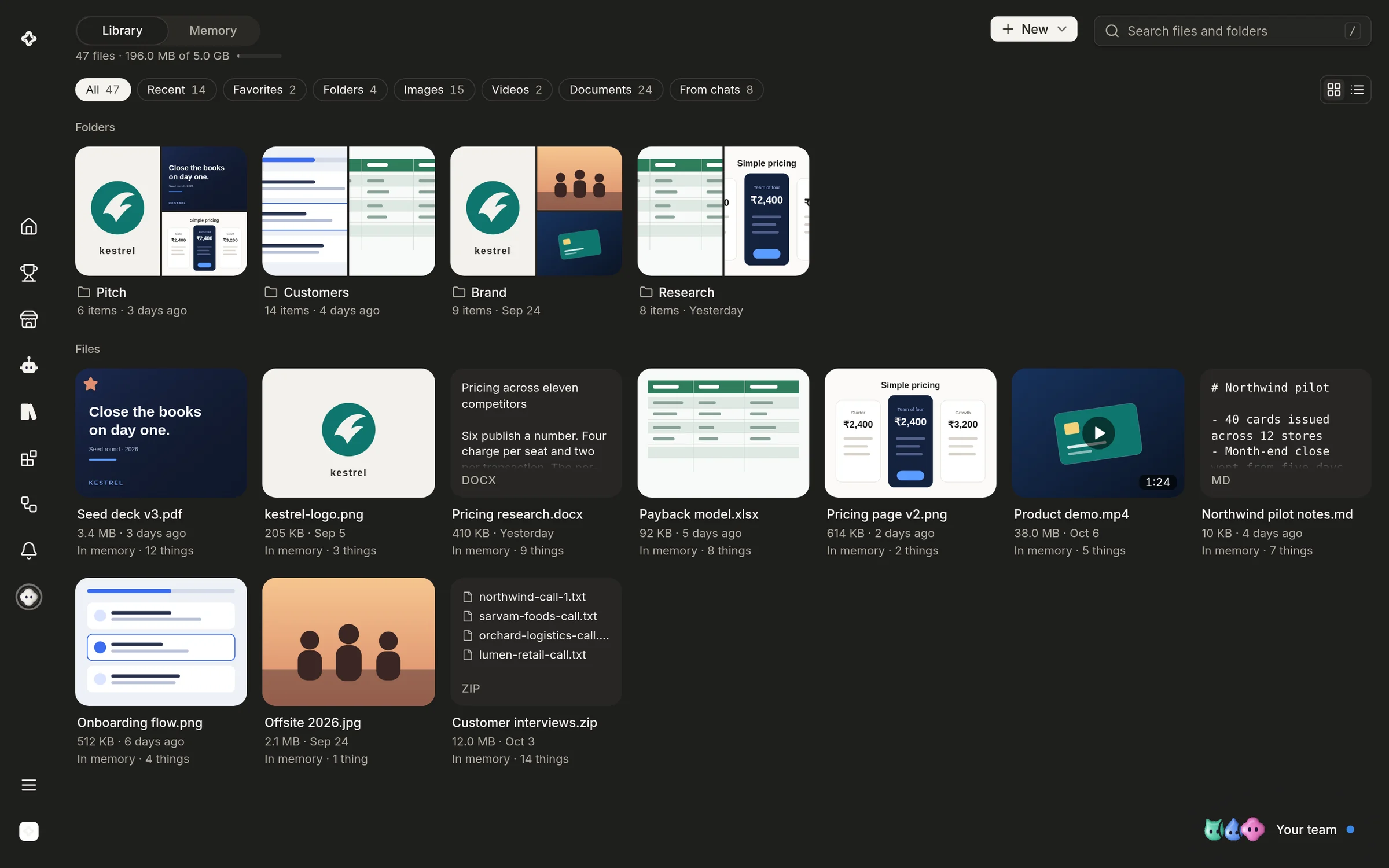 The Library: folders and files with previews, each marked with what memory took from it.