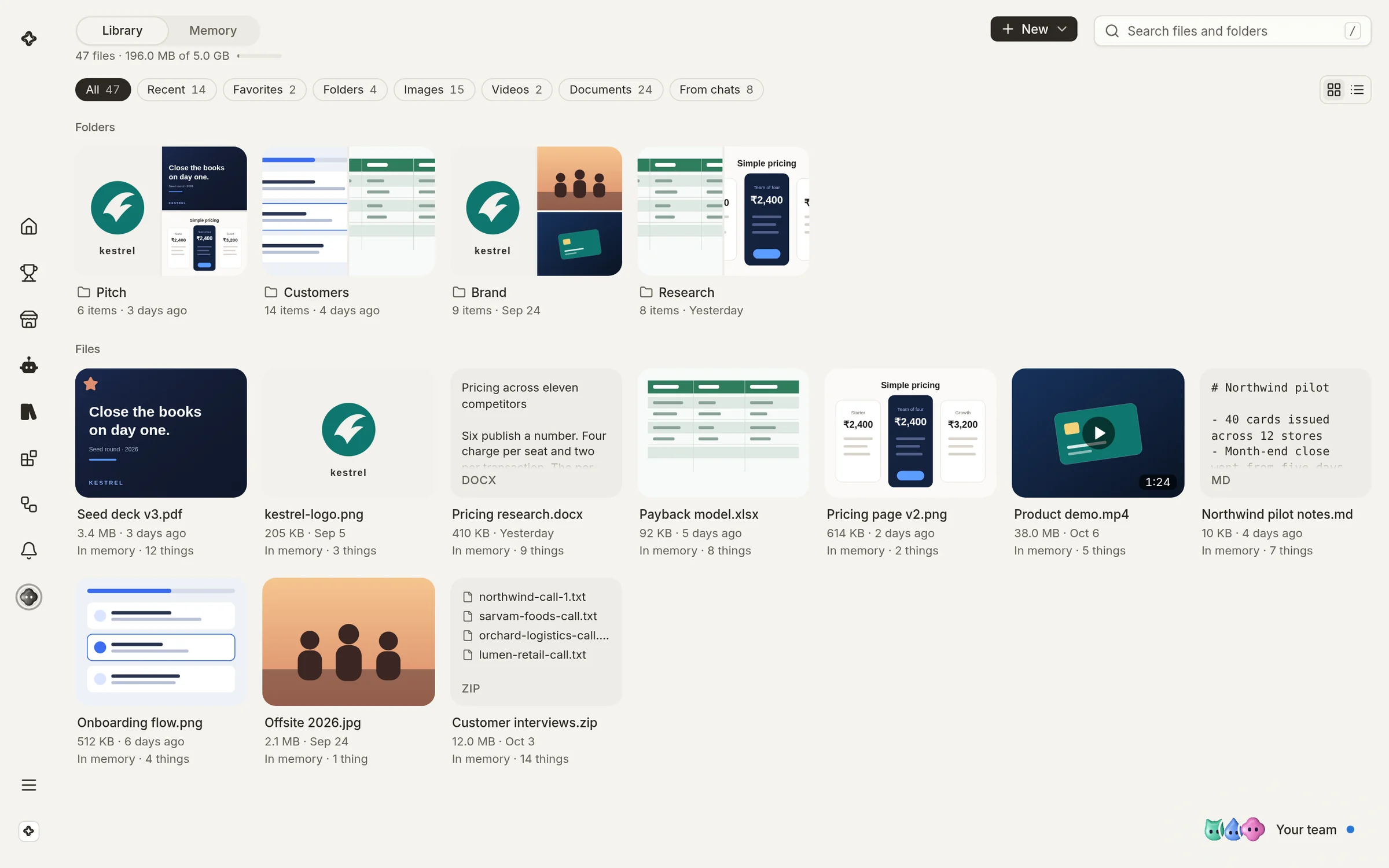 The Library: folders and files with previews, each marked with what memory took from it.