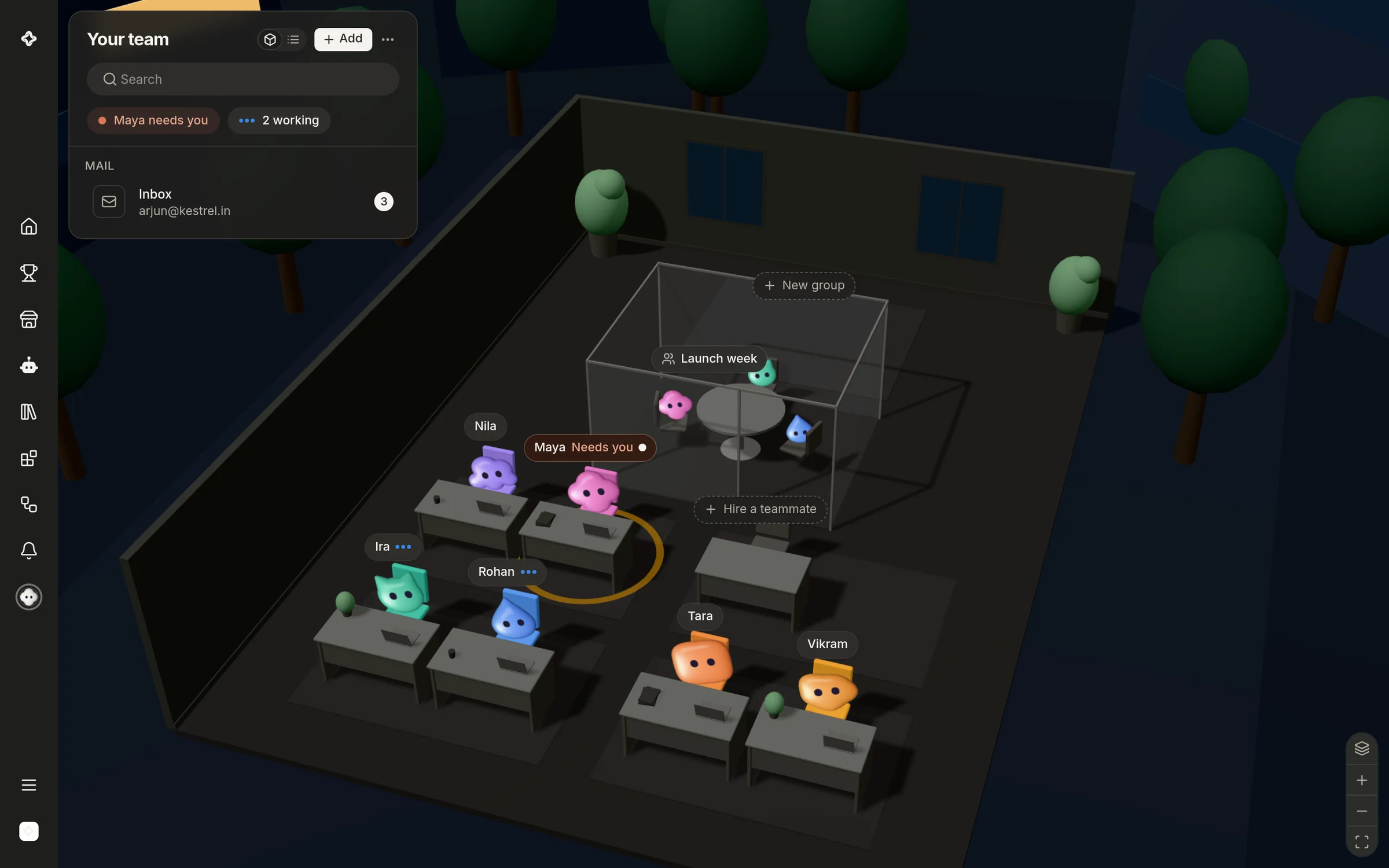 The ScaleBot office: teammates at their desks in a 3D room.