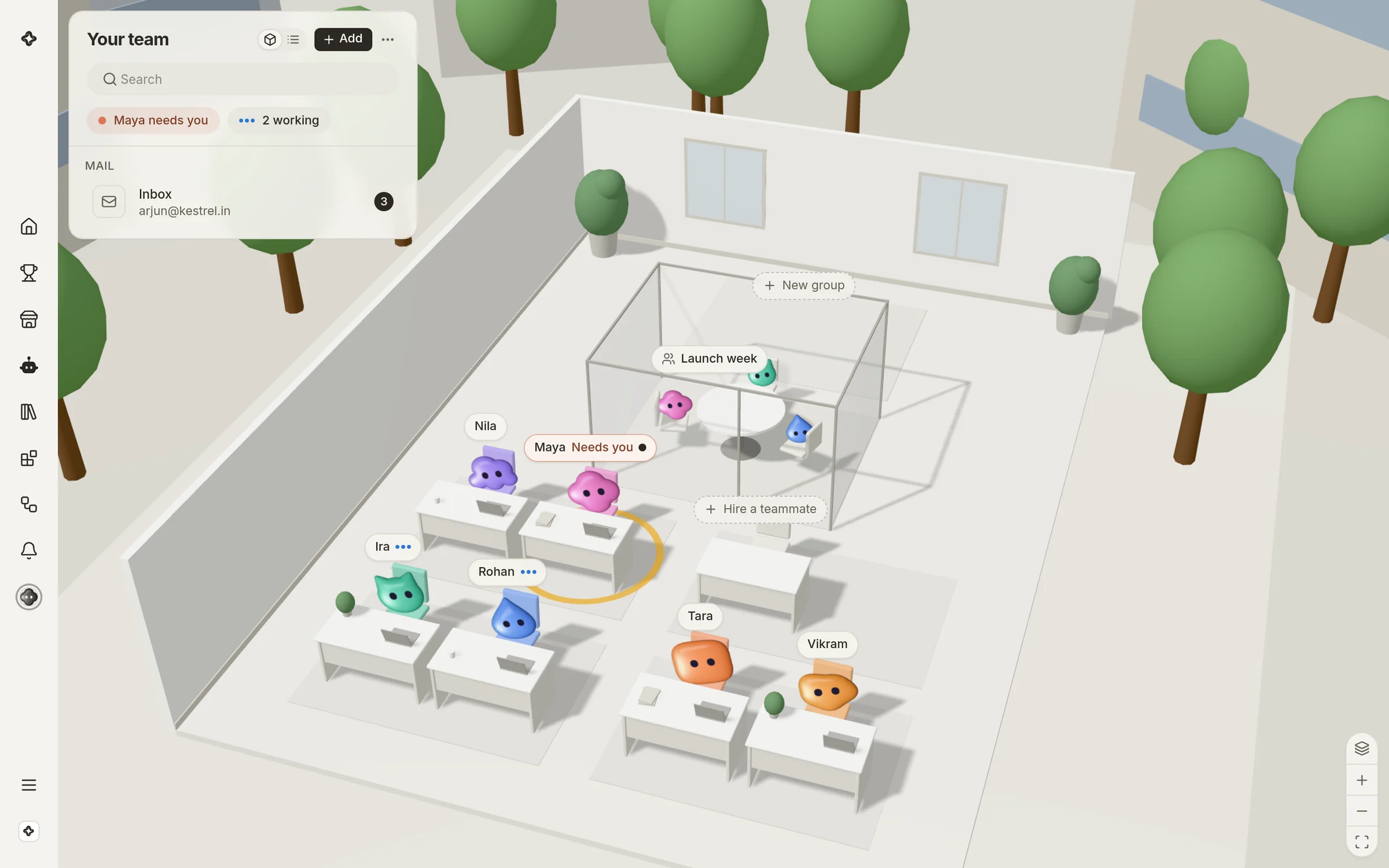 The ScaleBot office: teammates at their desks in a 3D room.