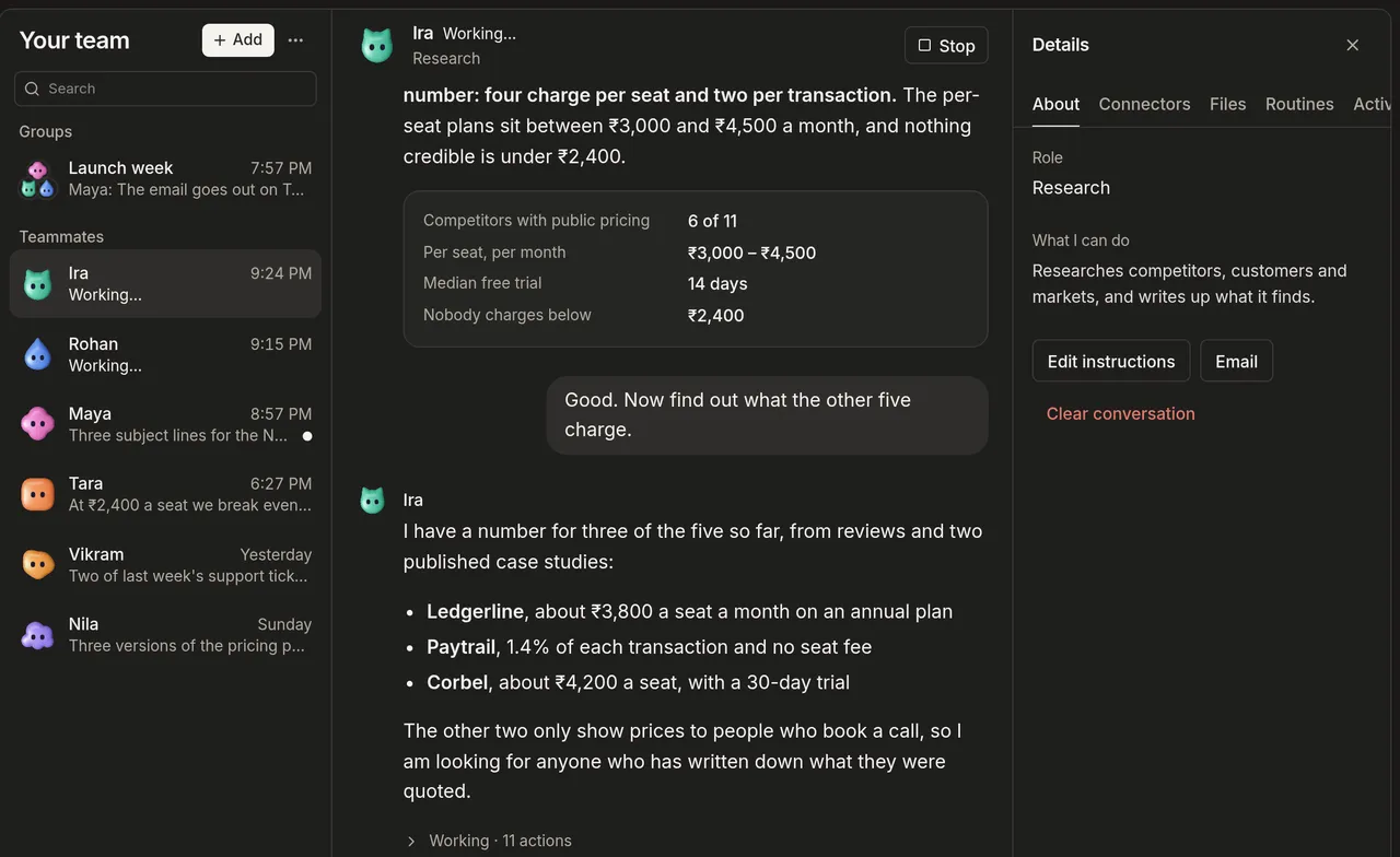 ScaleBot: a research teammate's answer, with a table of competitor prices.