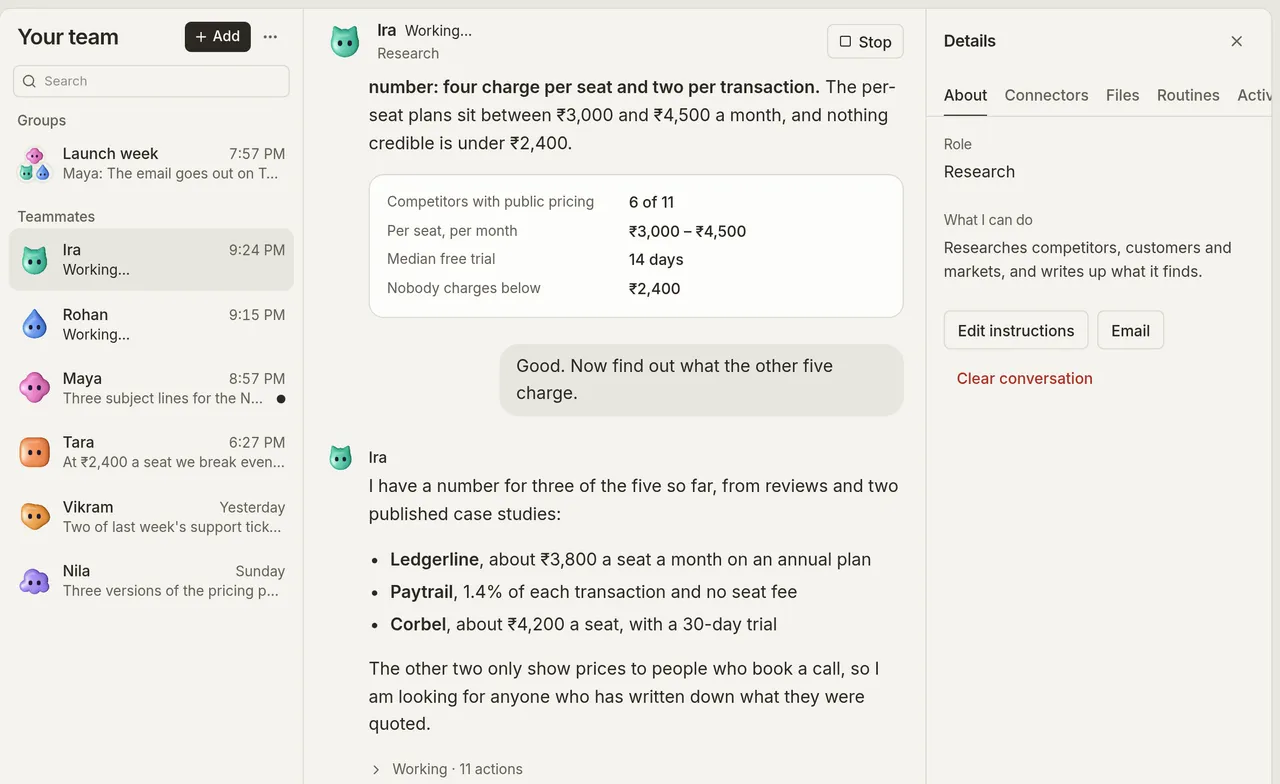 ScaleBot: a research teammate's answer, with a table of competitor prices.